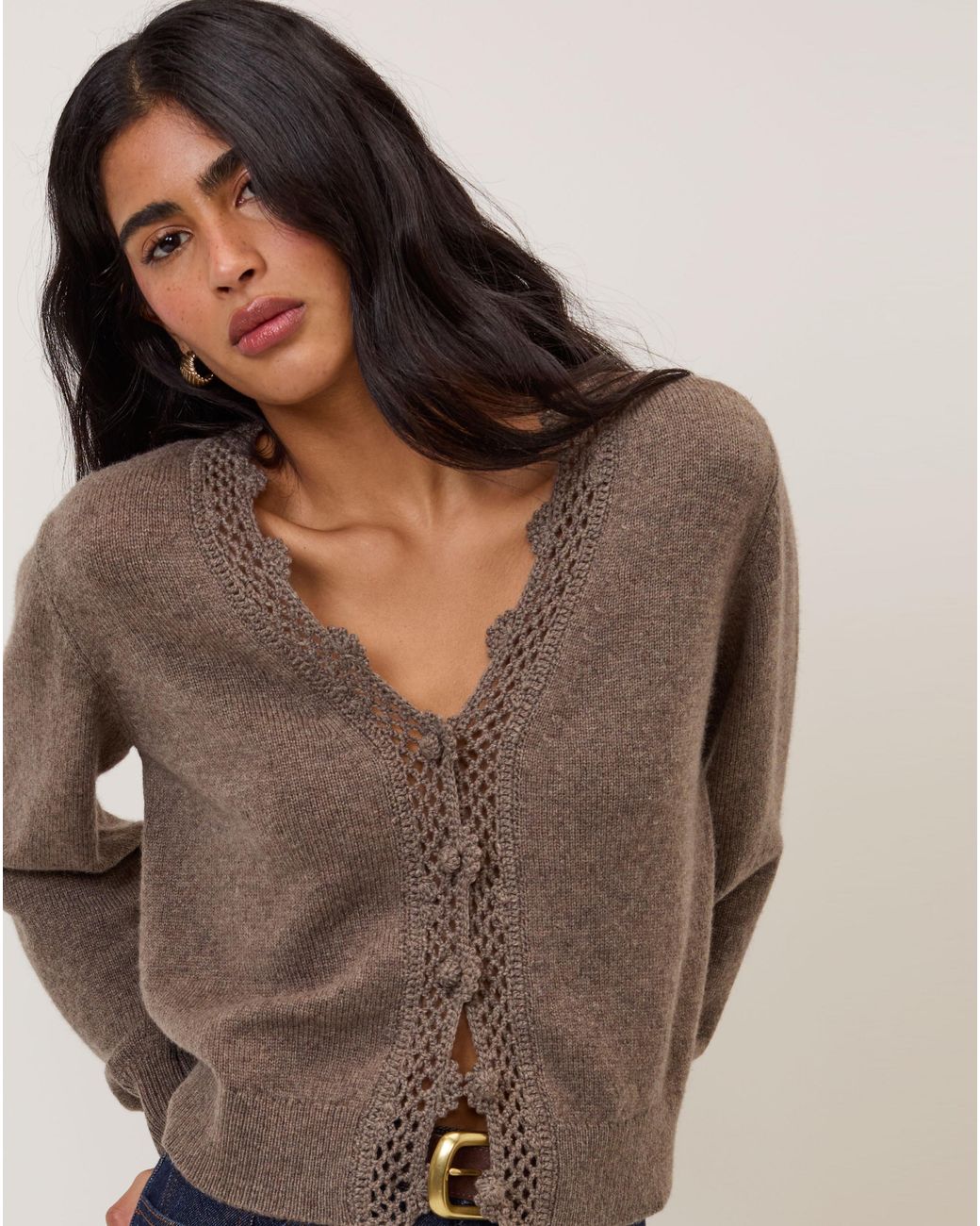 Nobody's Child Brown Crochet Trim Cardigan