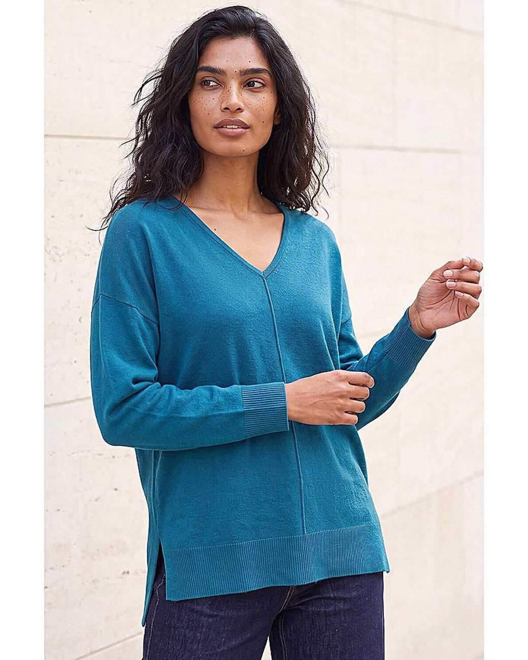 Roman Blue Roman V-Neck Side Split Knit Sweater
