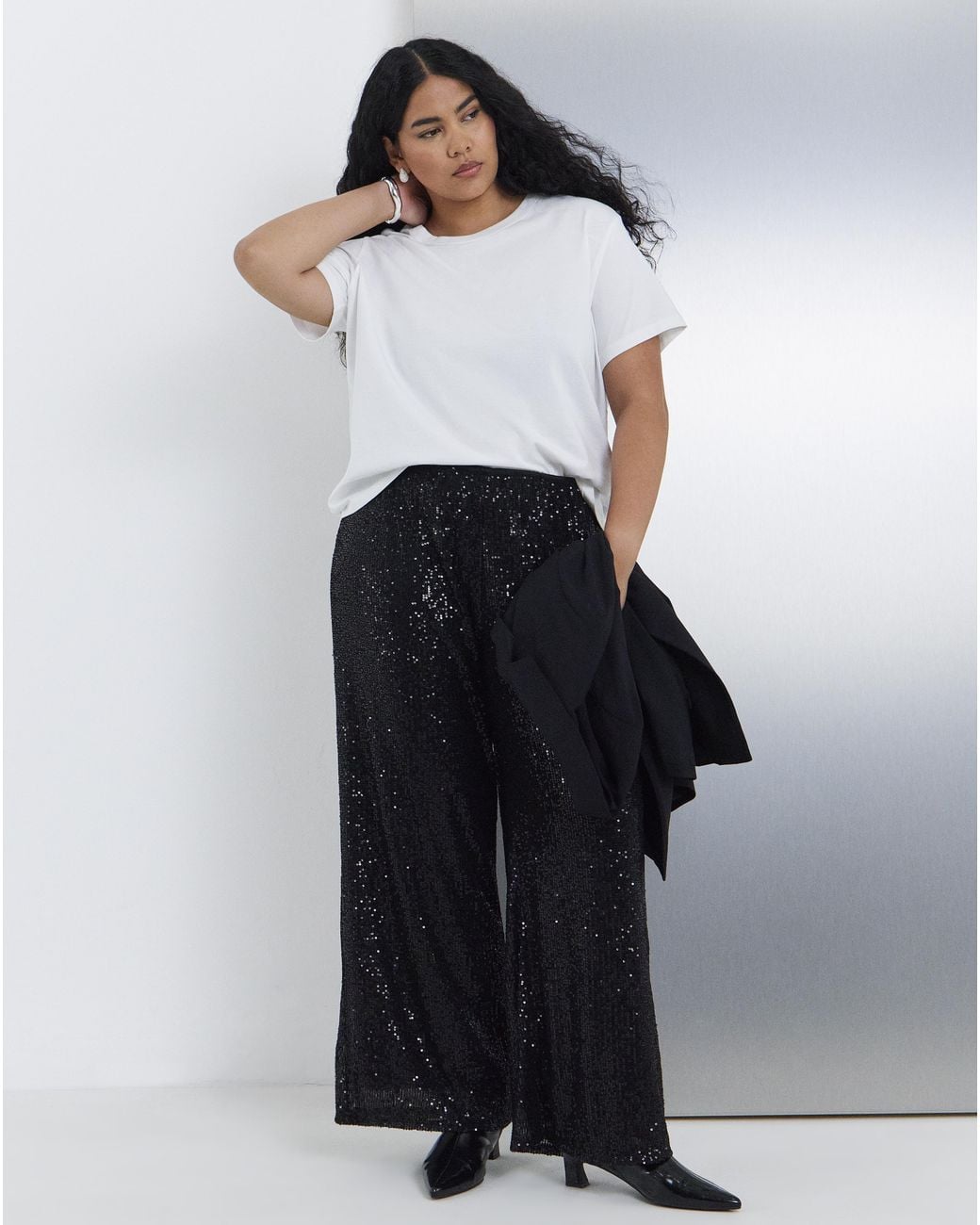 Simply Be White Sequin Wide Leg Trouser
