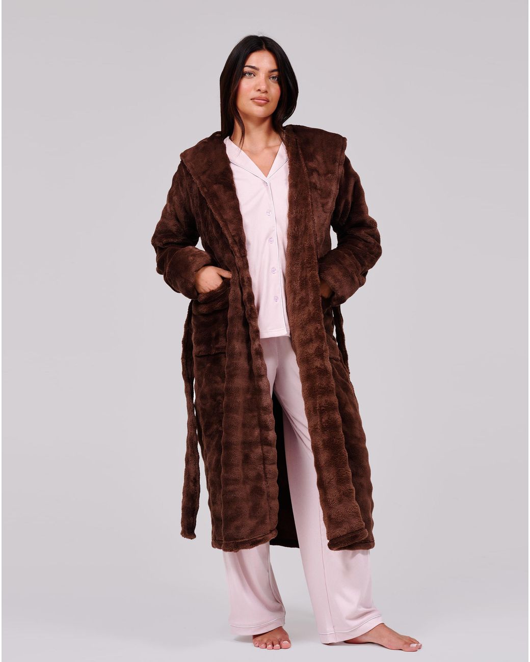 Loungeable Brown Fleece Midi Dressing Gown