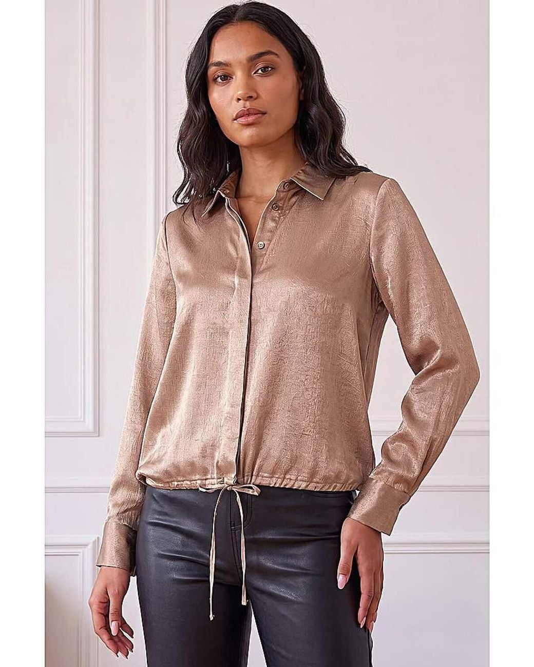 Roman Brown Roman Crinkle Satin Tie Hem Shirt