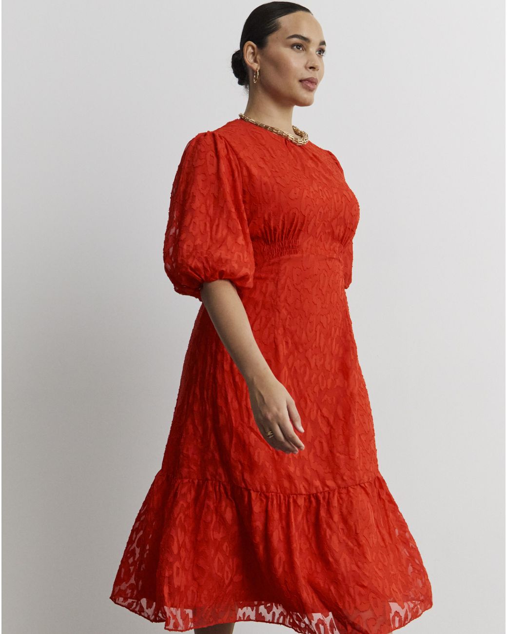 Joanna Hope Red Burnout Bubble Sleeve Dress