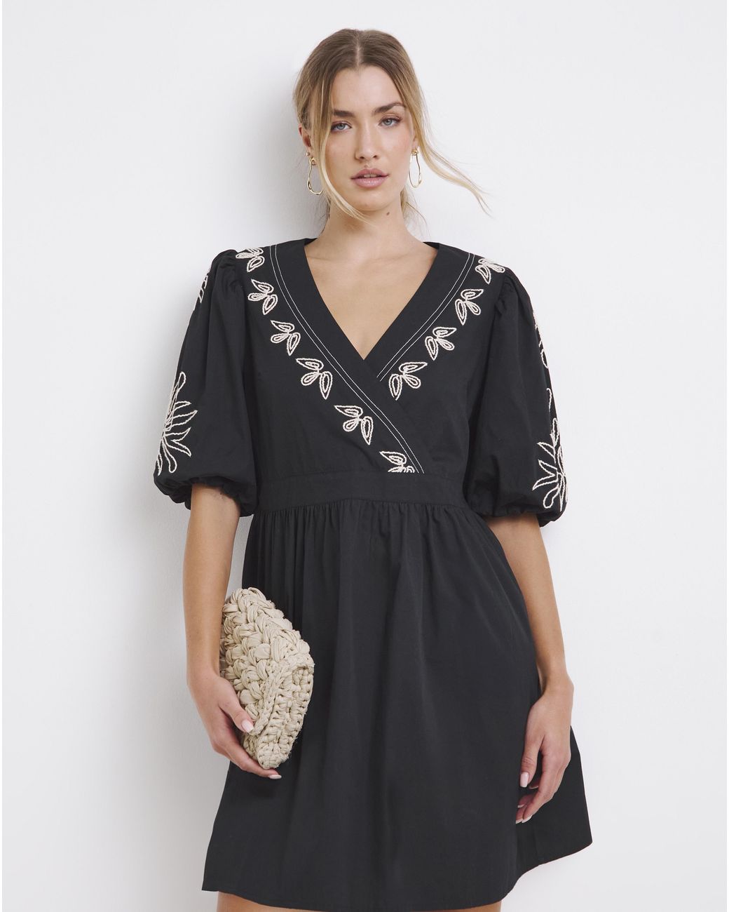 Simply Be Black Embroidered Poplin Dress