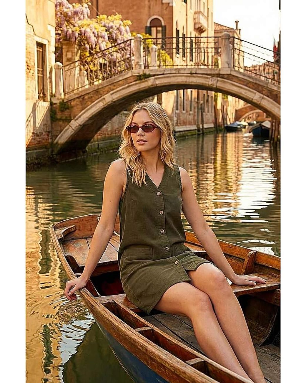 Roman Green Roman Cotton V-Neck Button Pocket Dress