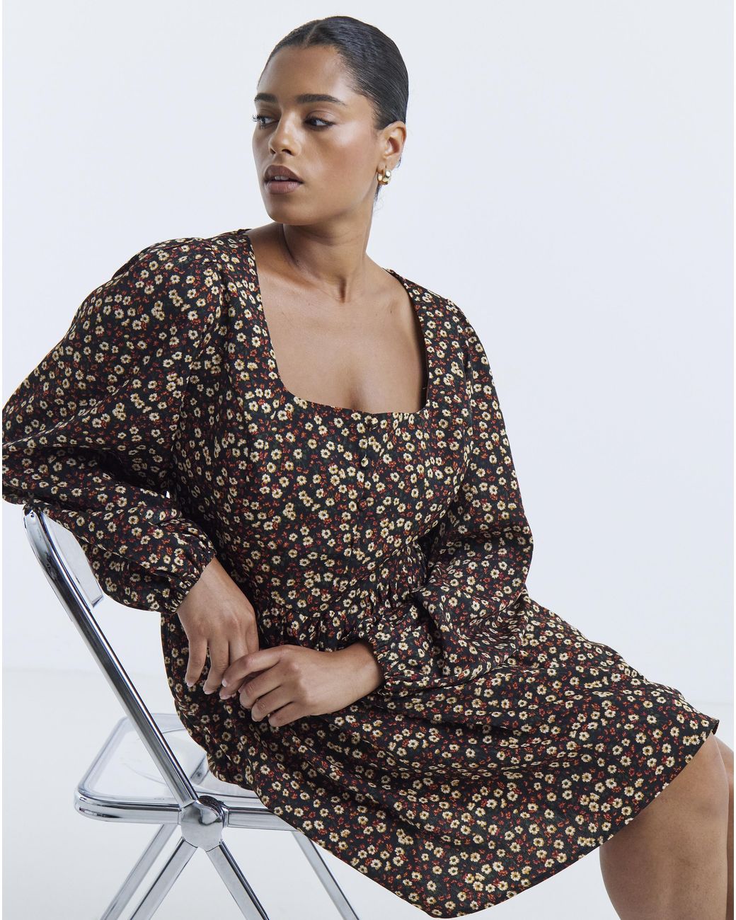Simply Be Brown Floral Historic Detail Skater Dress