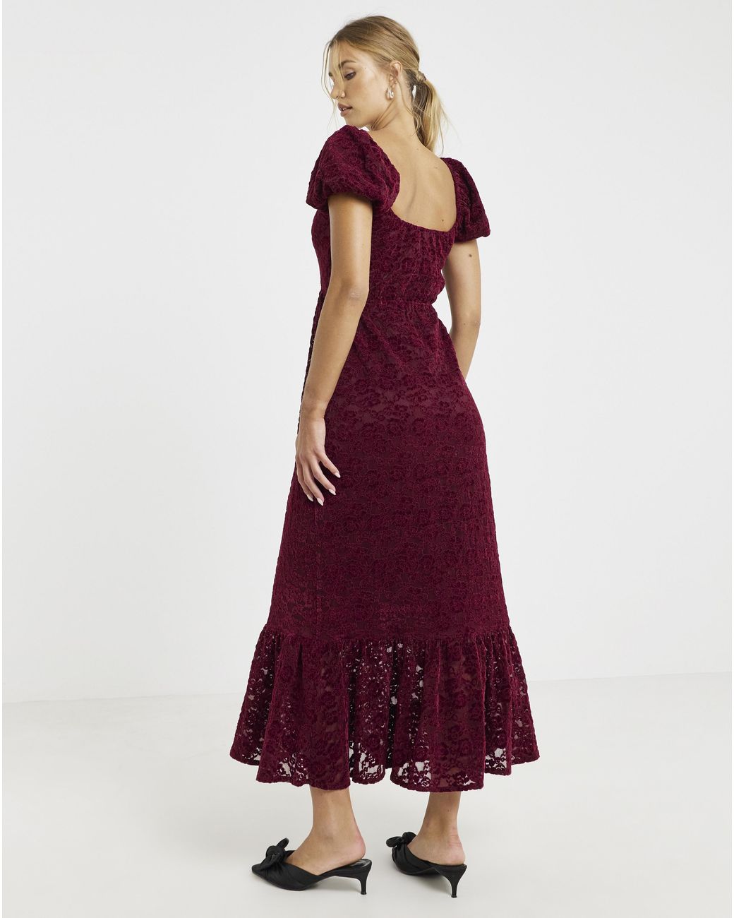 Lovedrobe Red Puff Sleeve Devore Midaxi