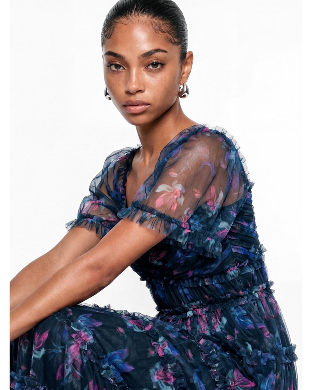 Anaya with love Blue Anaya Floral Print Tulle Midaxi Dress
