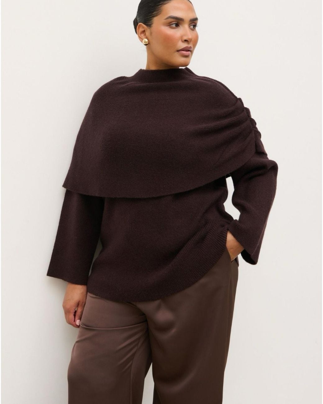 Pretty Lavish Brown Tarla Drape Knit Jumper