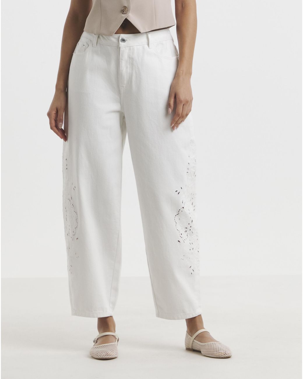 Simply Be White Sbe Broderie Detail Barrel Jeans