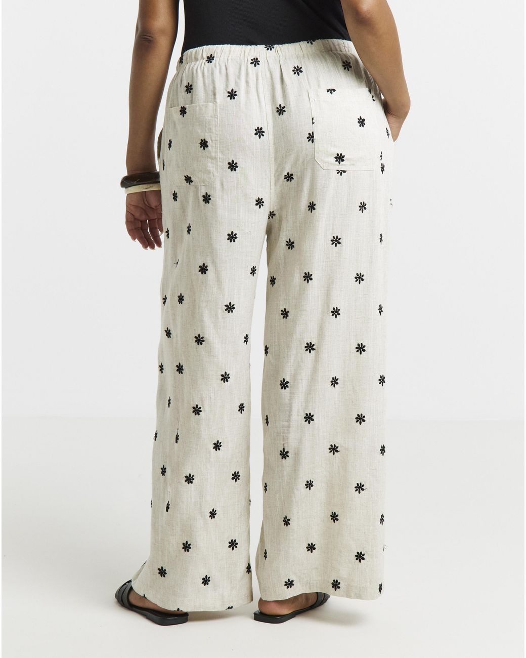 Simply Be White Daisy Embroidered Wide Trouser