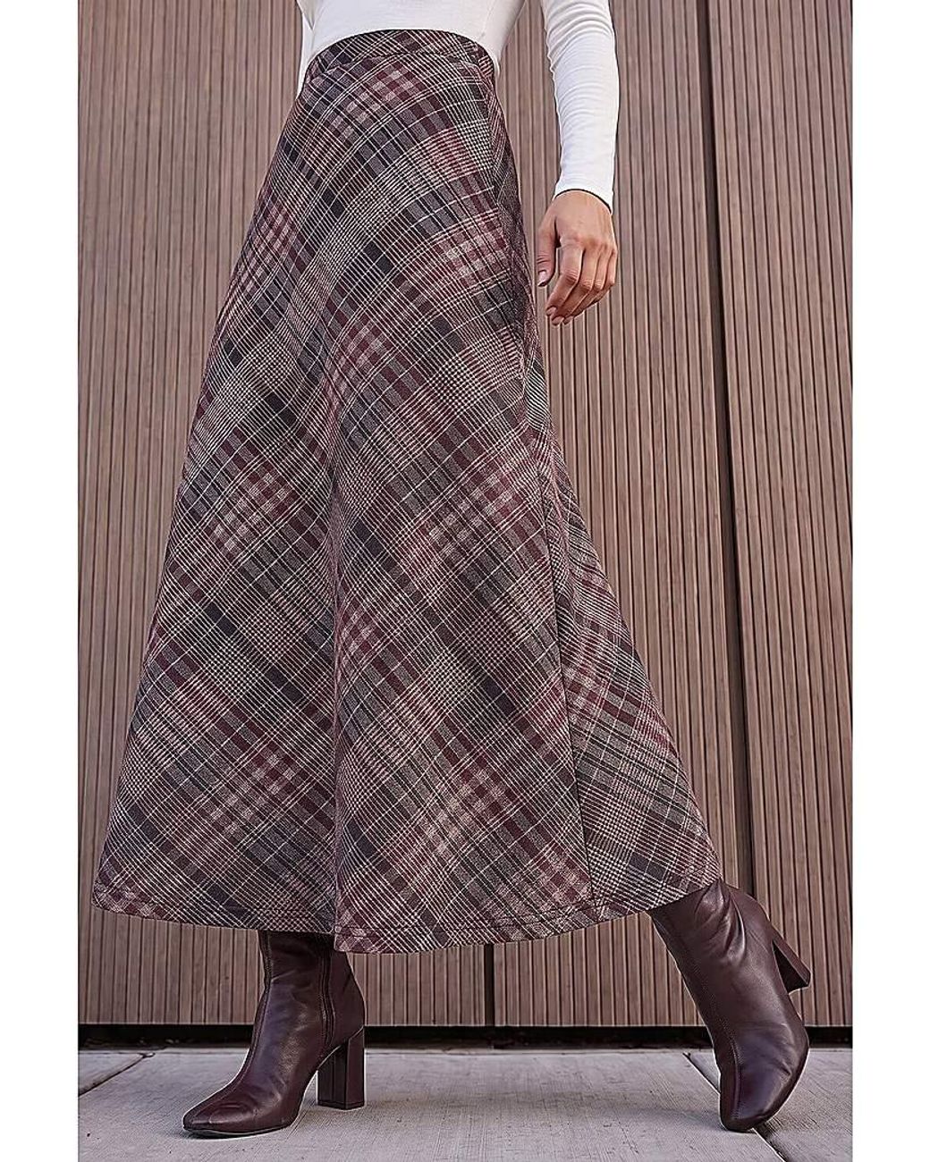 Roman Brown Roman Check Print Midi Skirt
