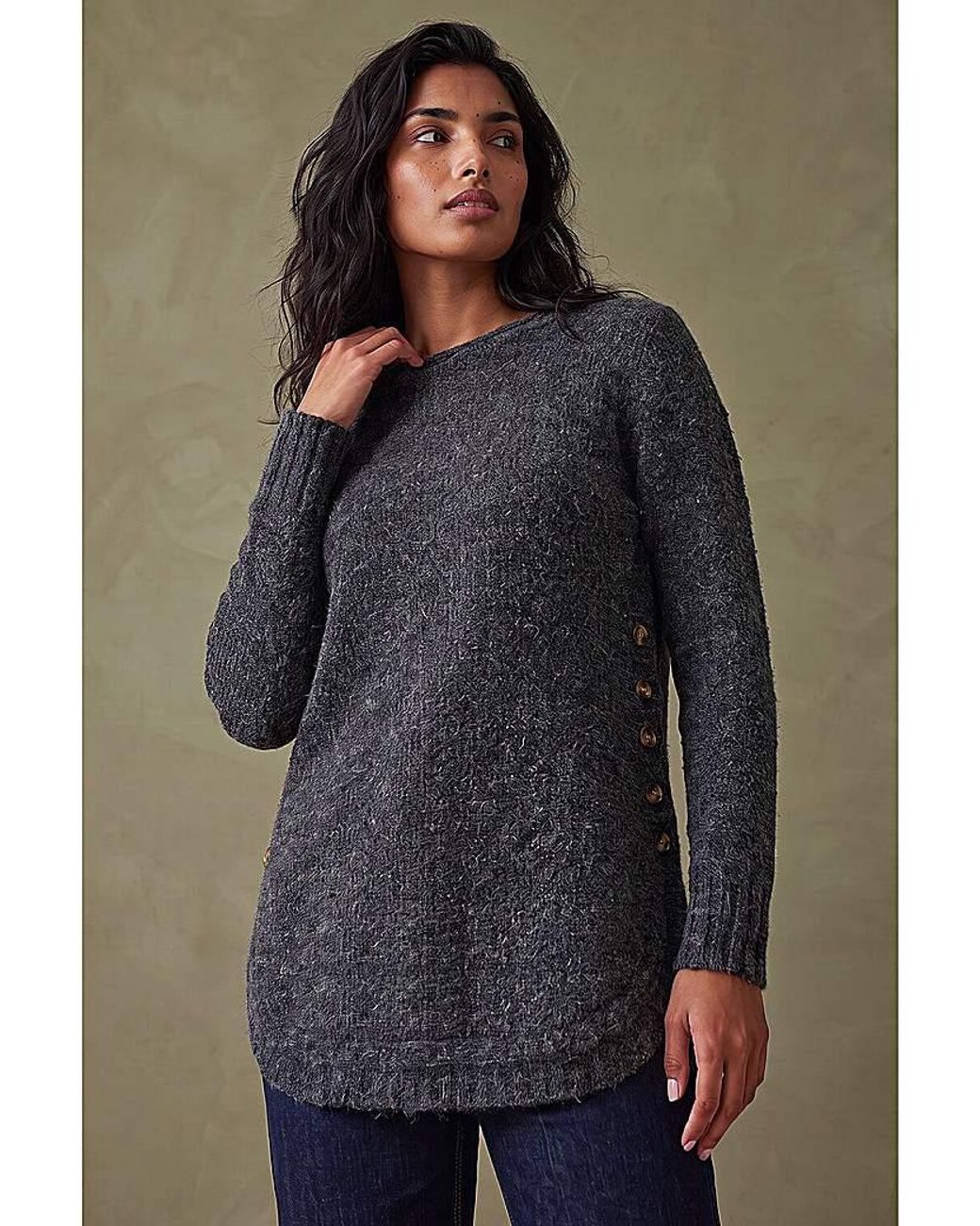 Roman Gray Roman Button Detail Curved Hem Jumper
