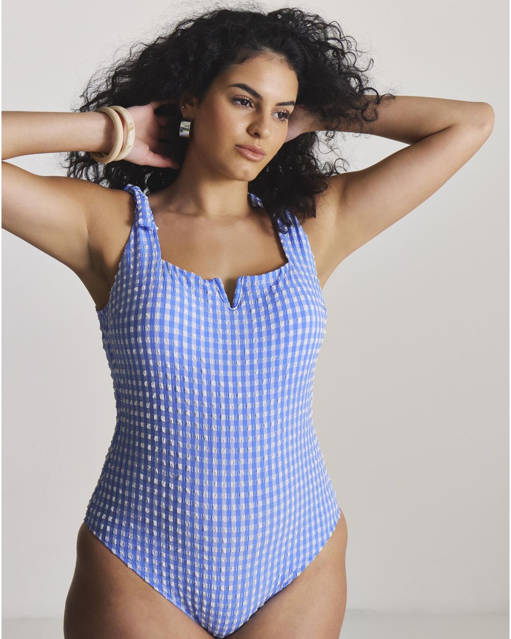 MAGISCULPT Blue Gingham Shoulder Tie Swimsuit