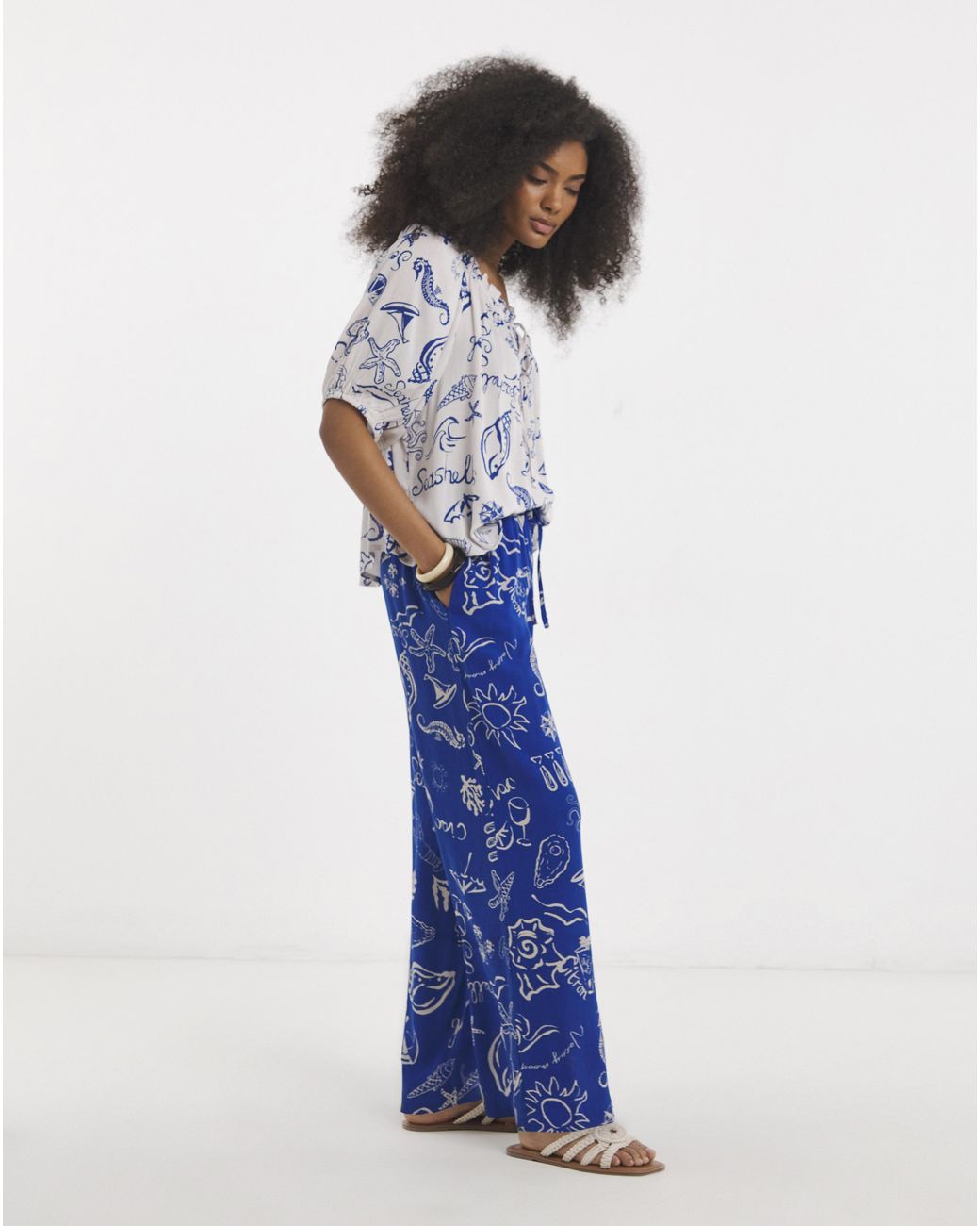 Simply Be Blue Shell Print Wide Leg Crinkle Trouser