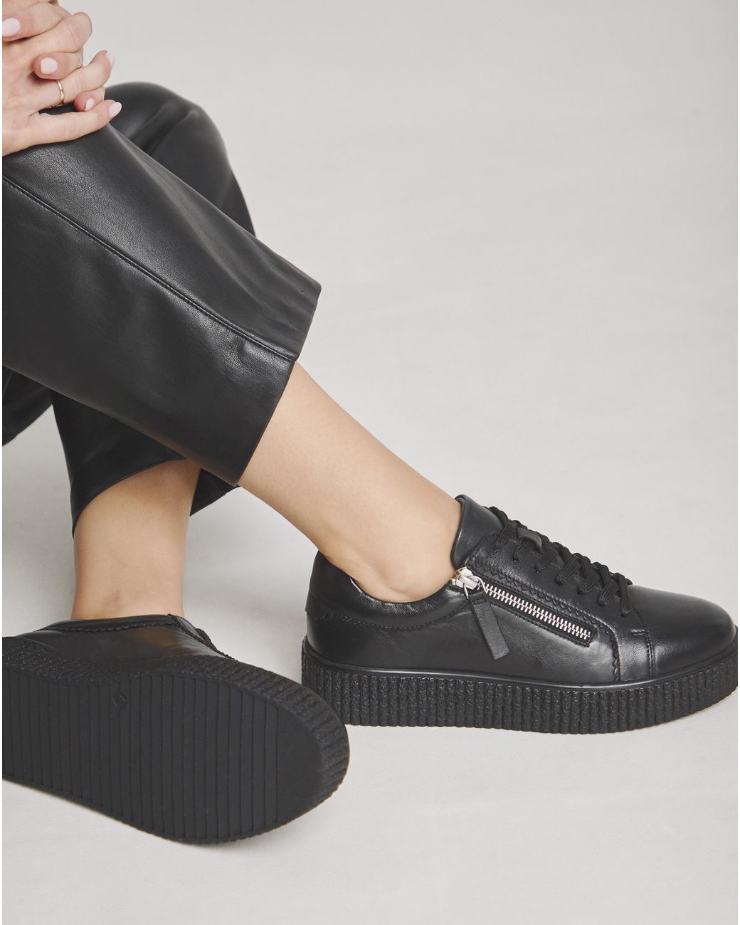JD Williams Black Side Zip Leather Trainer Ex Wide Fit