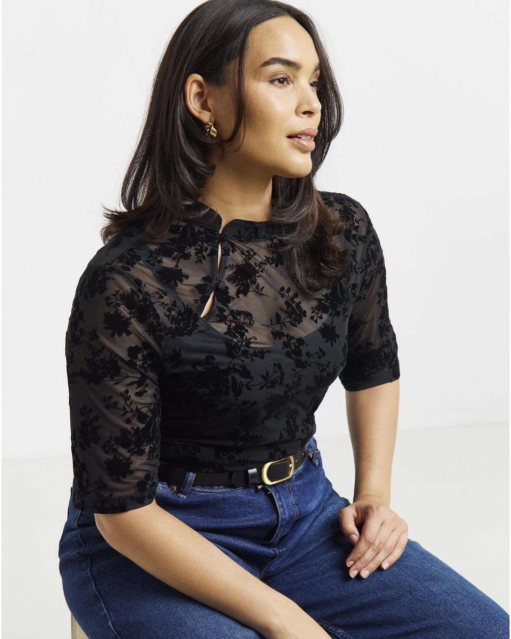 Simply Be Black Mesh Flock Top