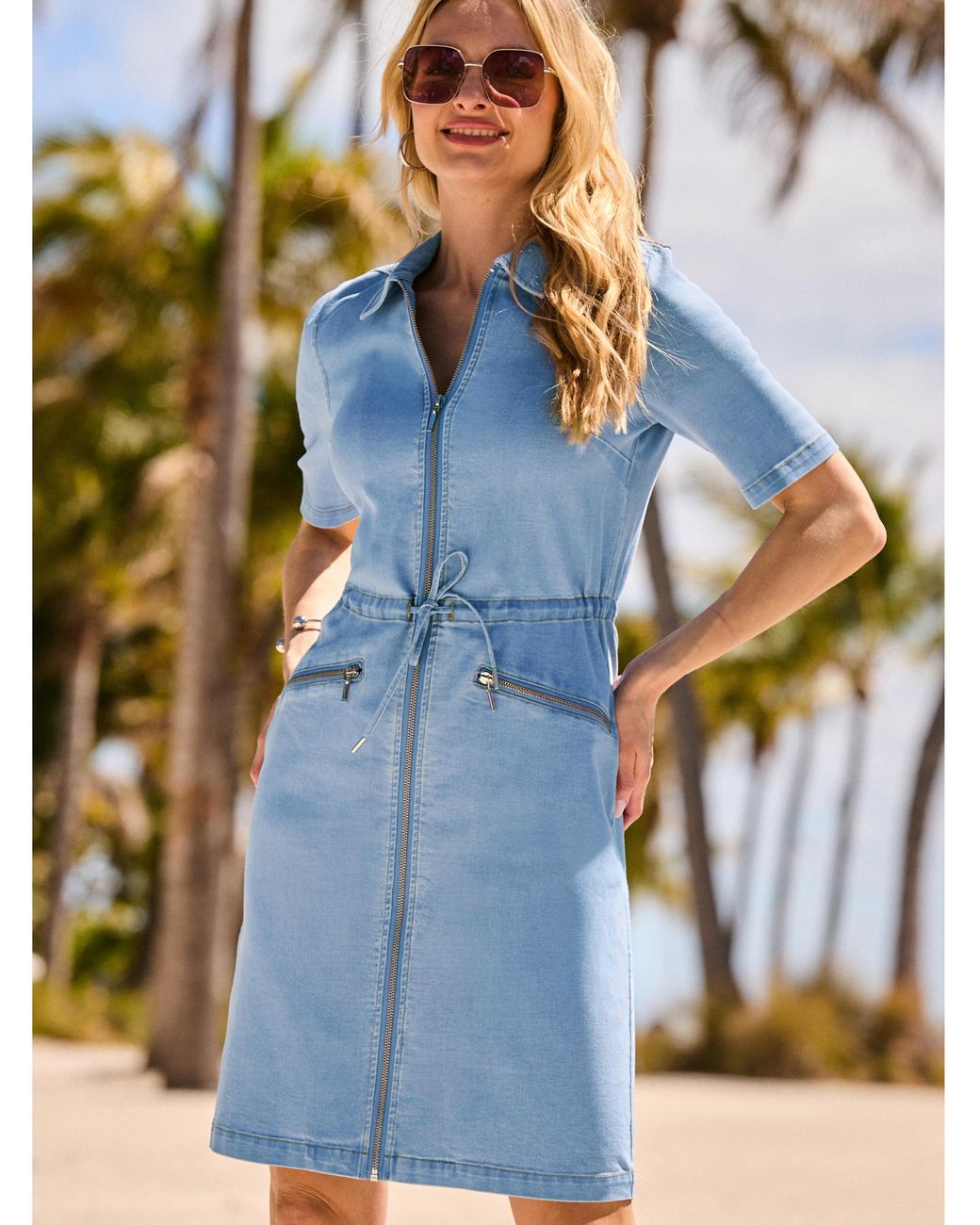 Sosandar Blue Zip Front A Line Denim Dress