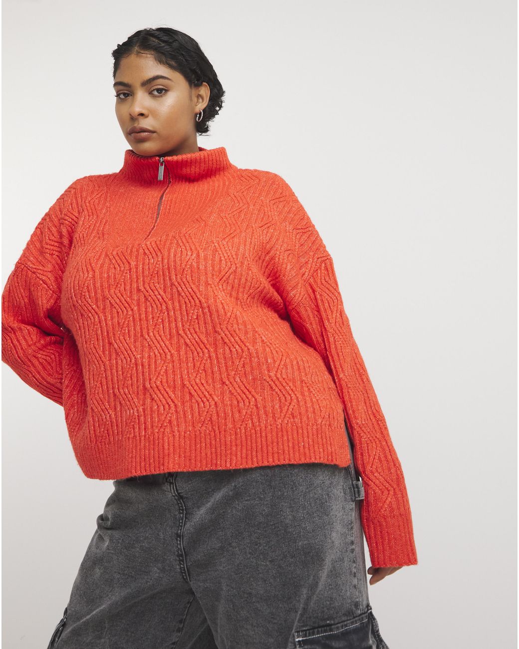 Native Youth Red Funnel Neck Cable Jumper