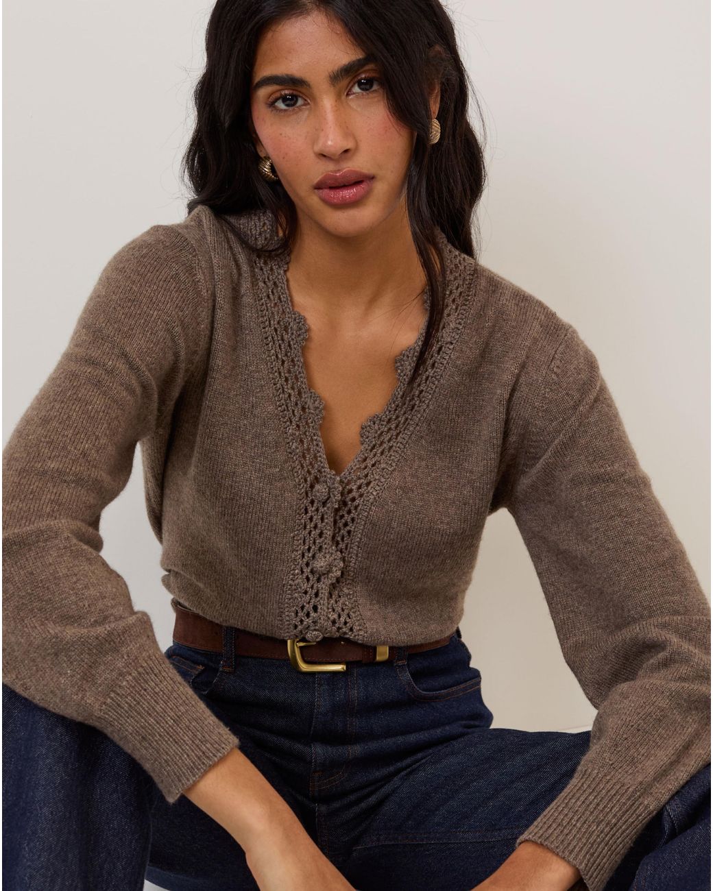 Nobody's Child Brown Crochet Trim Cardigan