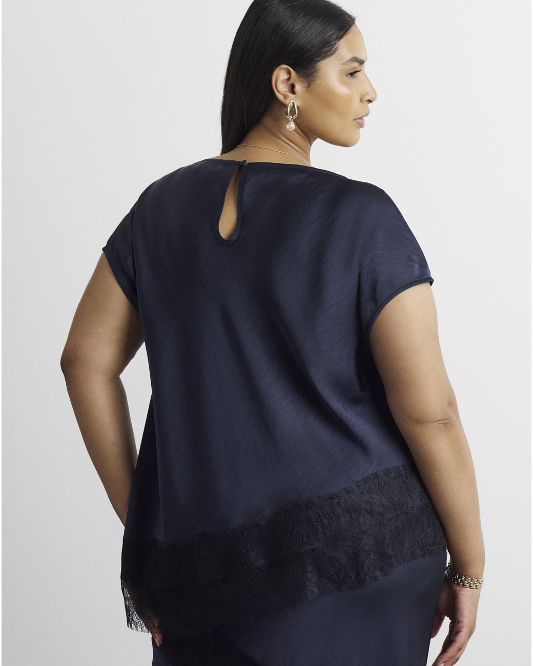 Joanna Hope Blue Lace Trim Satin Top