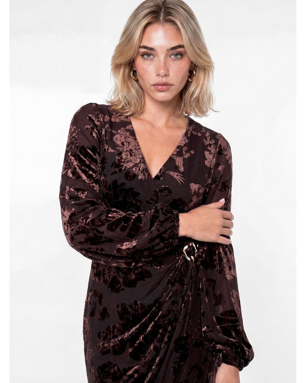 Lovedrobe Brown Velvet Faux Wrap Midaxi Dress