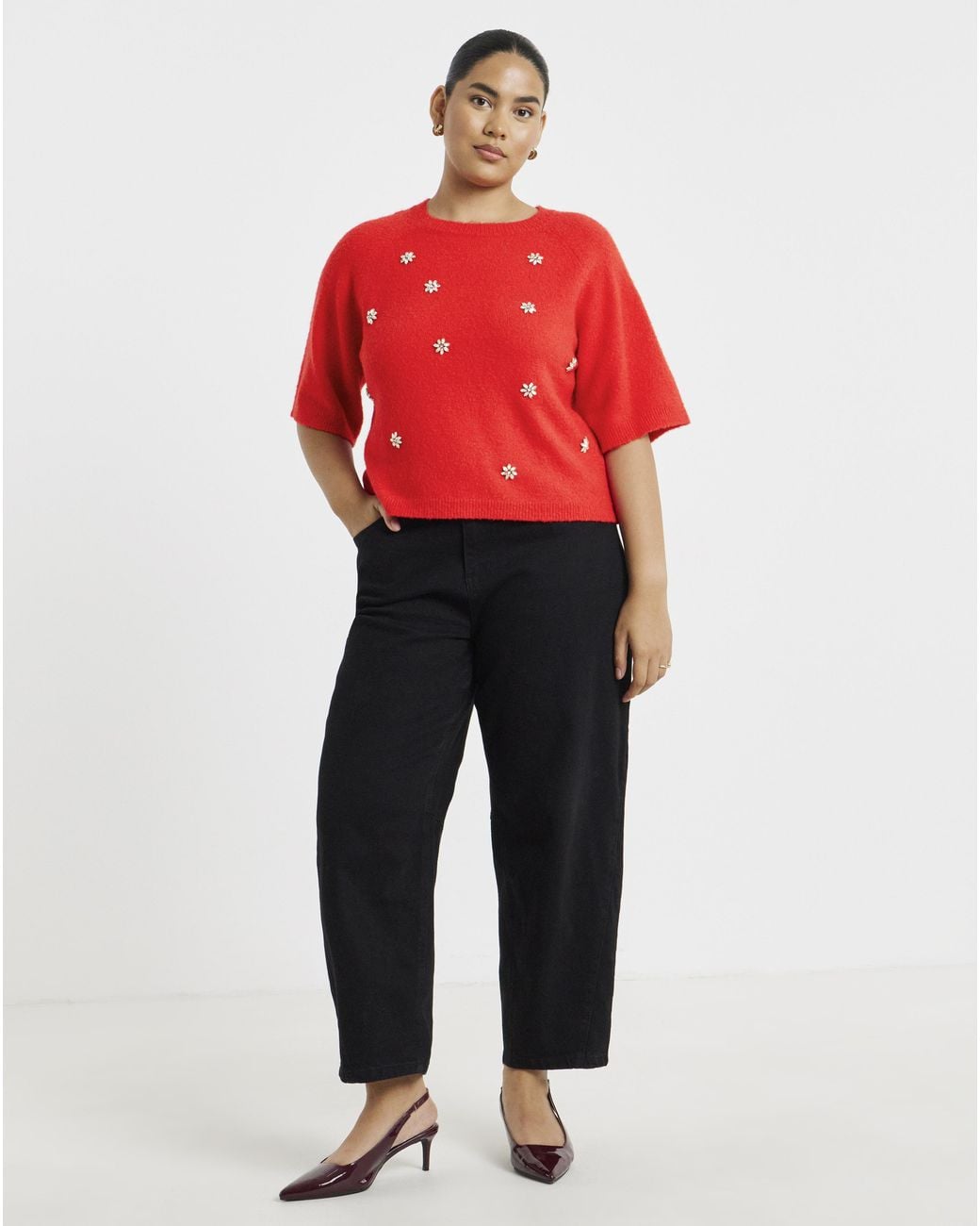 Simply Be Red Diamante Embellished Half Sleeve Jumper