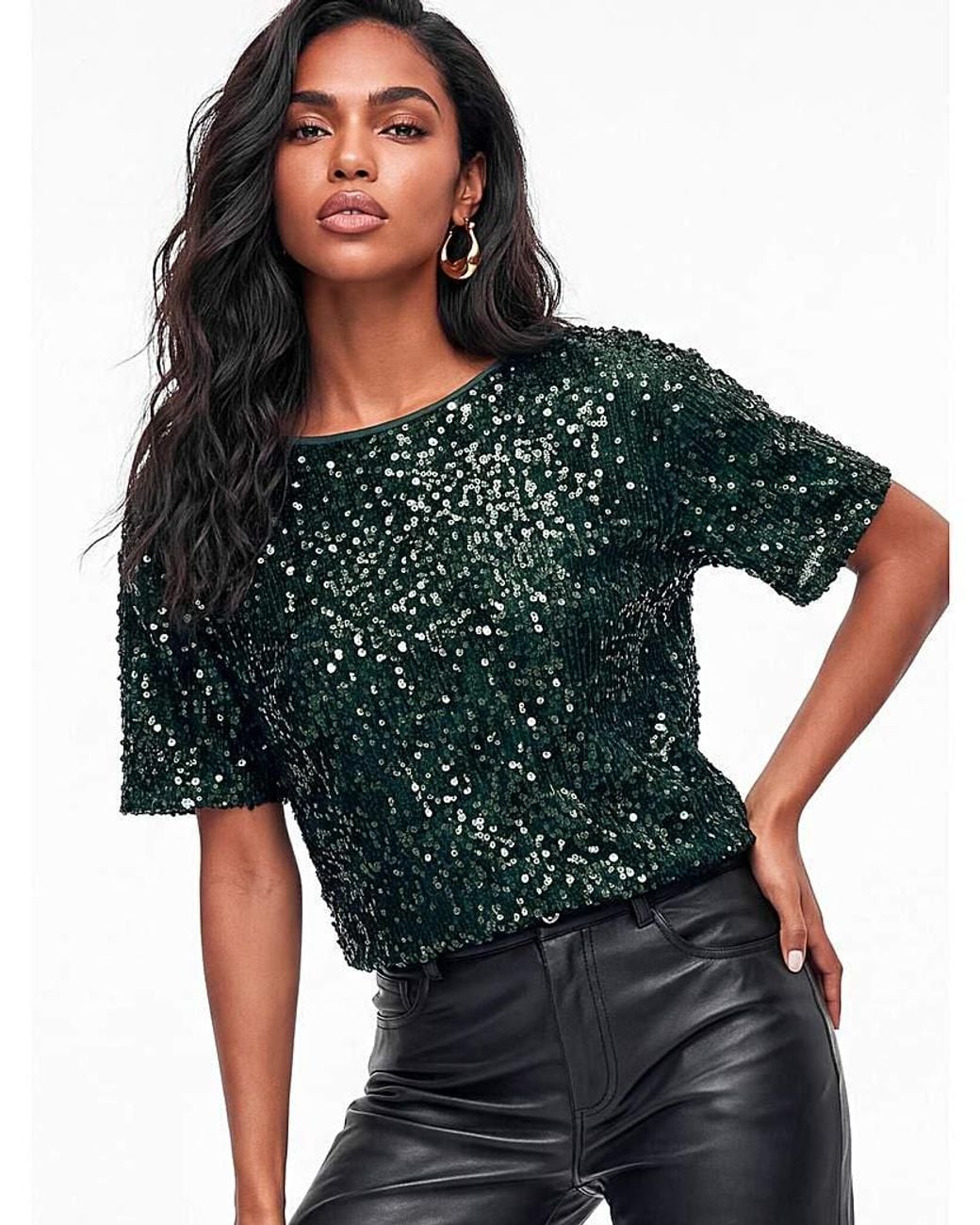 Lovedrobe Green Sequined Velvet Boxy Top