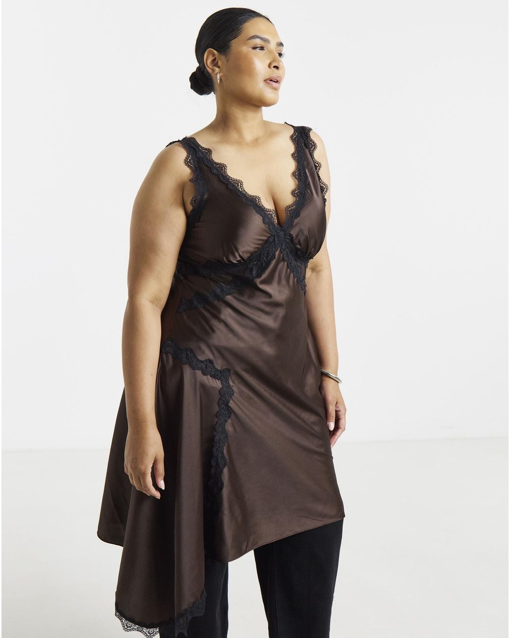 Simply Be Brown Satin Asym Dress