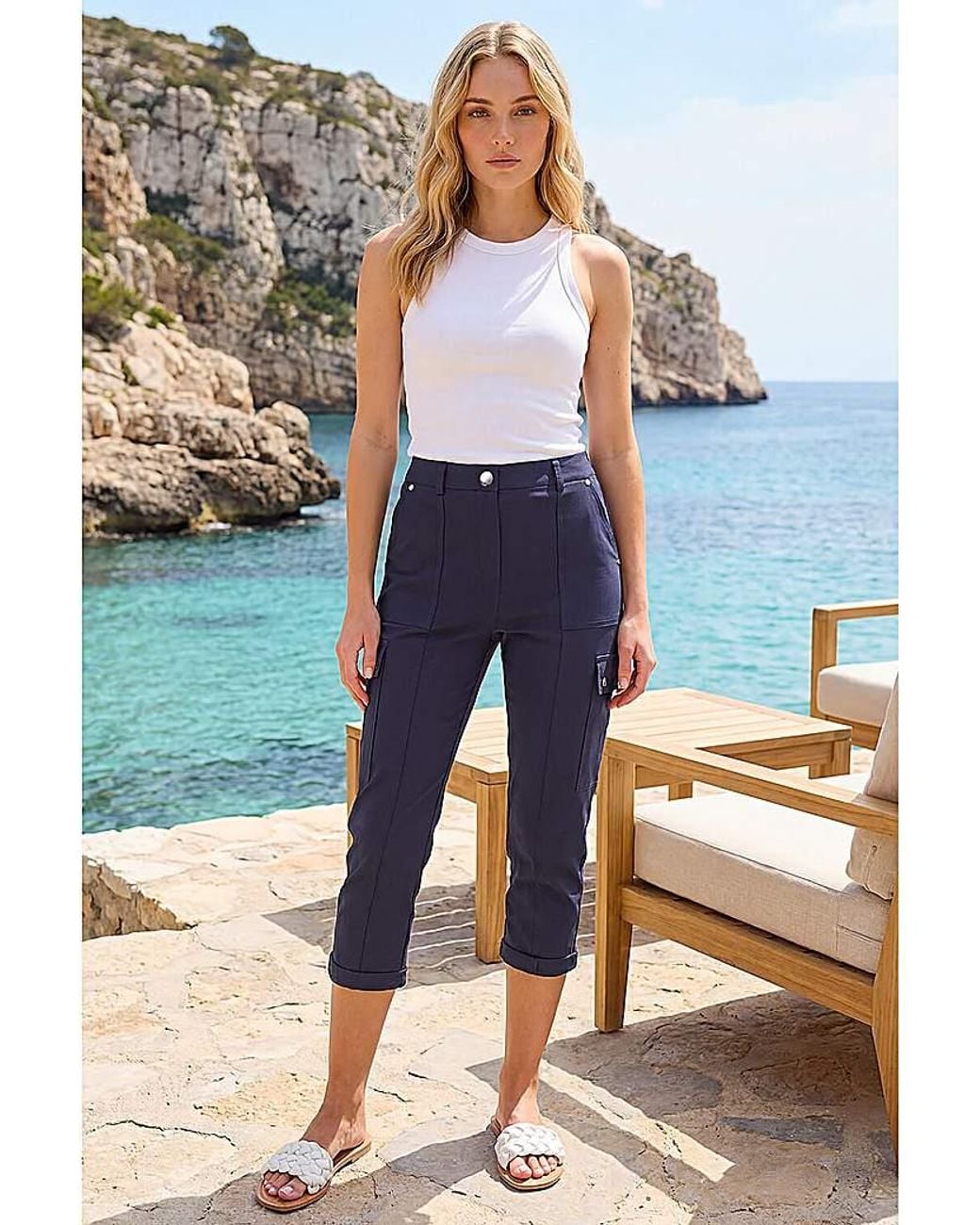 Roman Blue Roman Cropped Cargo Stretch Trouser