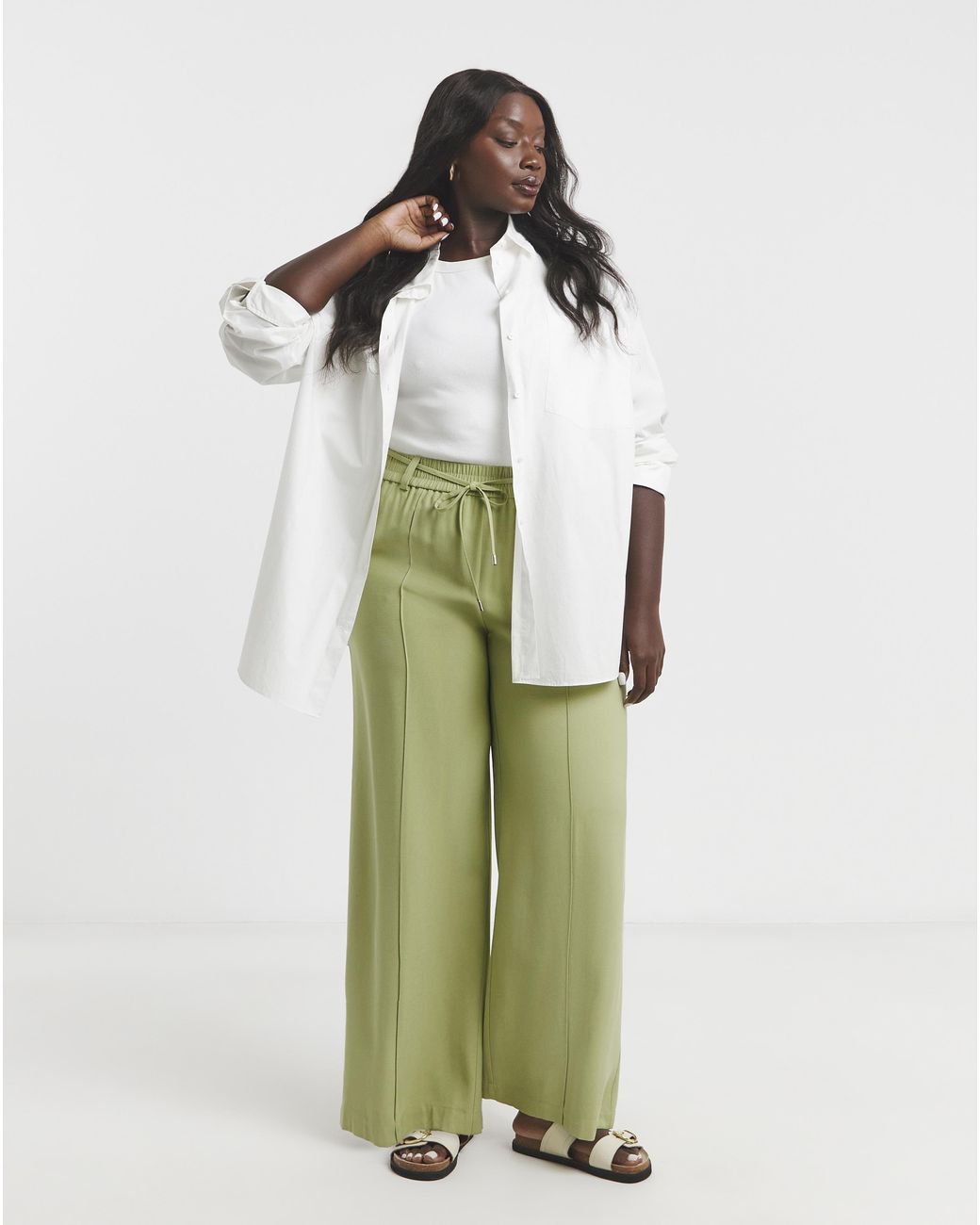 Simply Be Green Twill Wide Leg Trousers