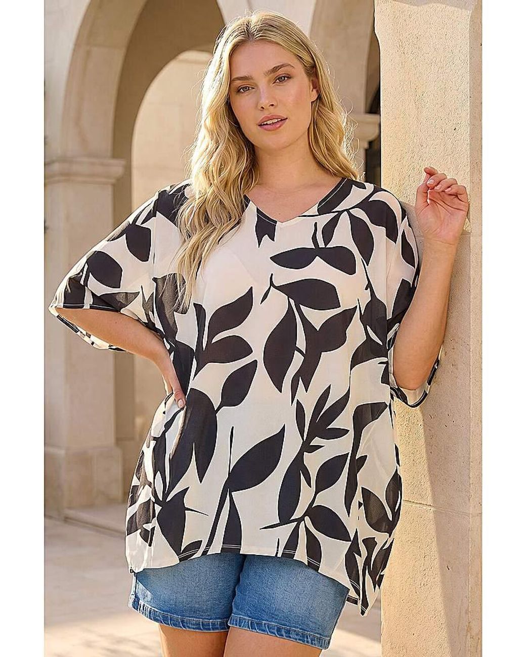 Roman Curve White Leaf Print Cocoon Top