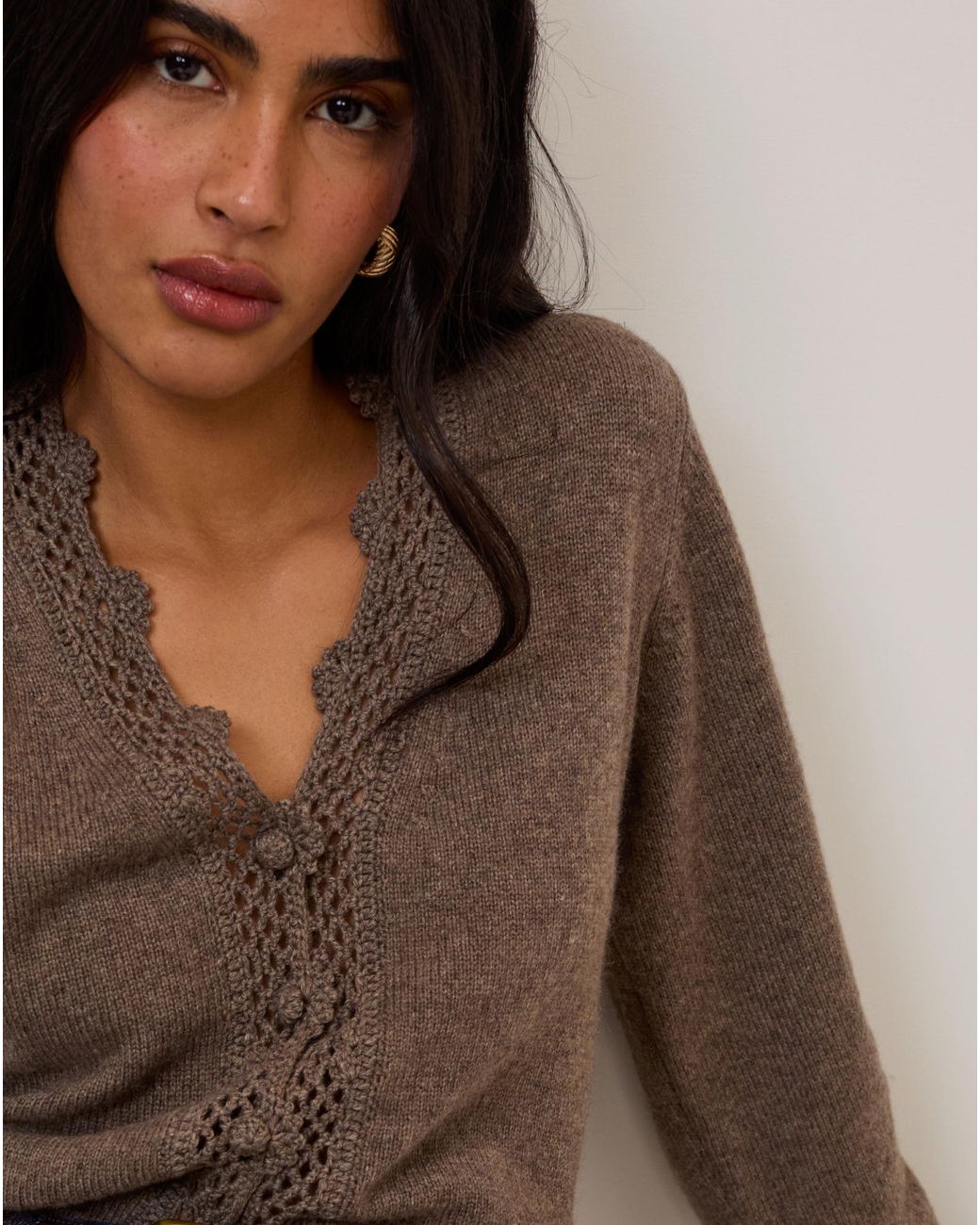 Nobody's Child Brown Crochet Trim Cardigan
