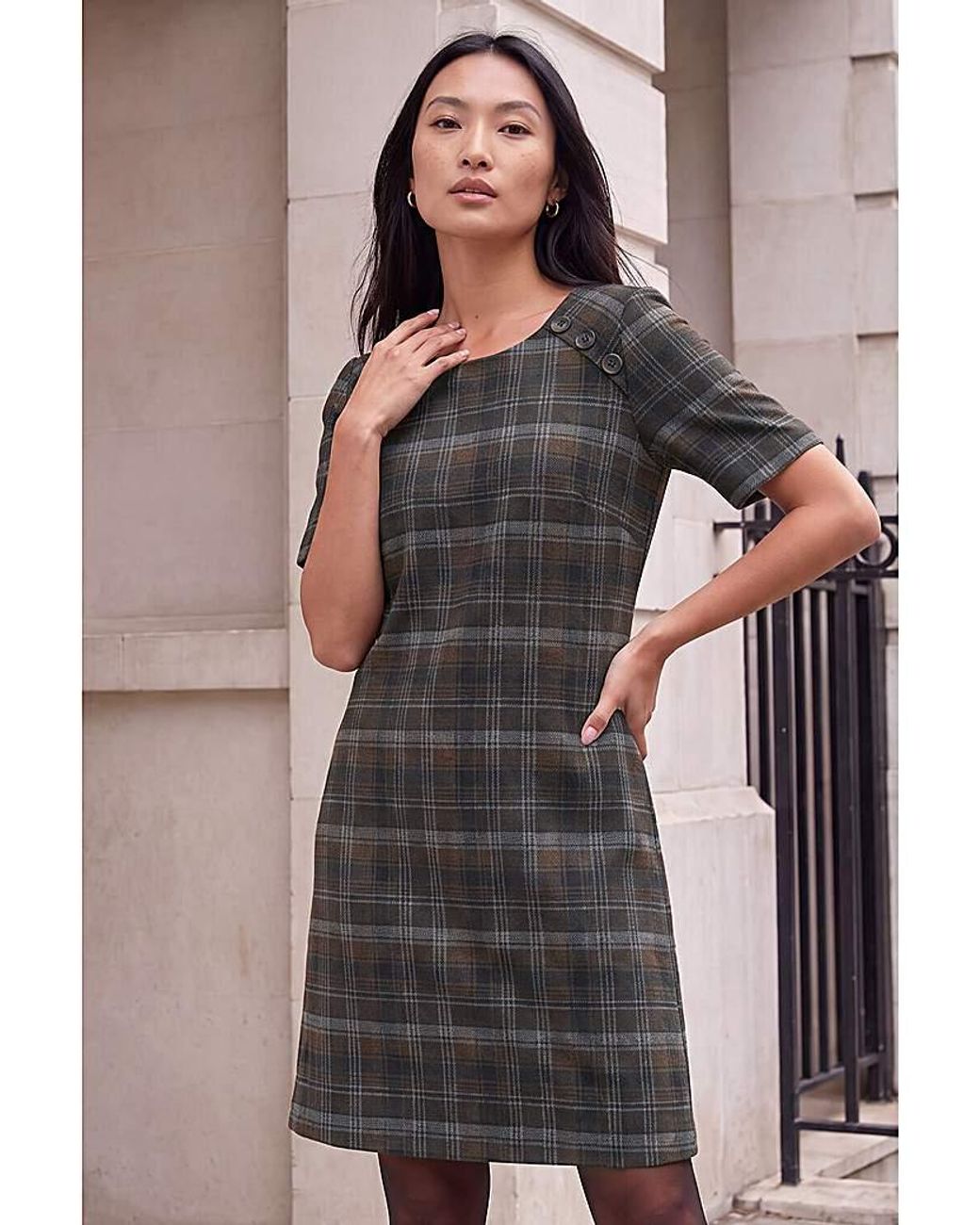 Roman Gray Roman Check Button Detail Dress