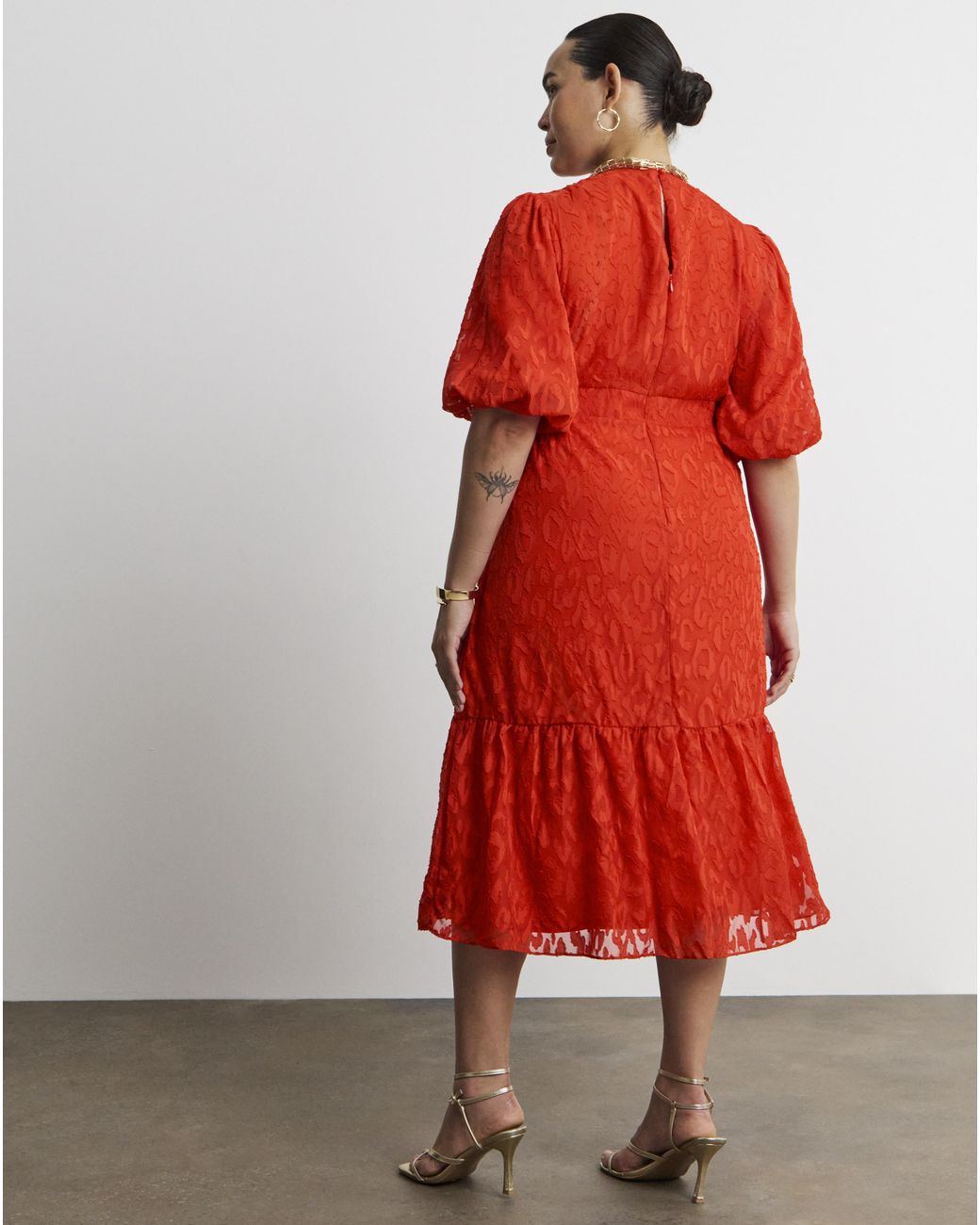 Joanna Hope Red Burnout Bubble Sleeve Dress