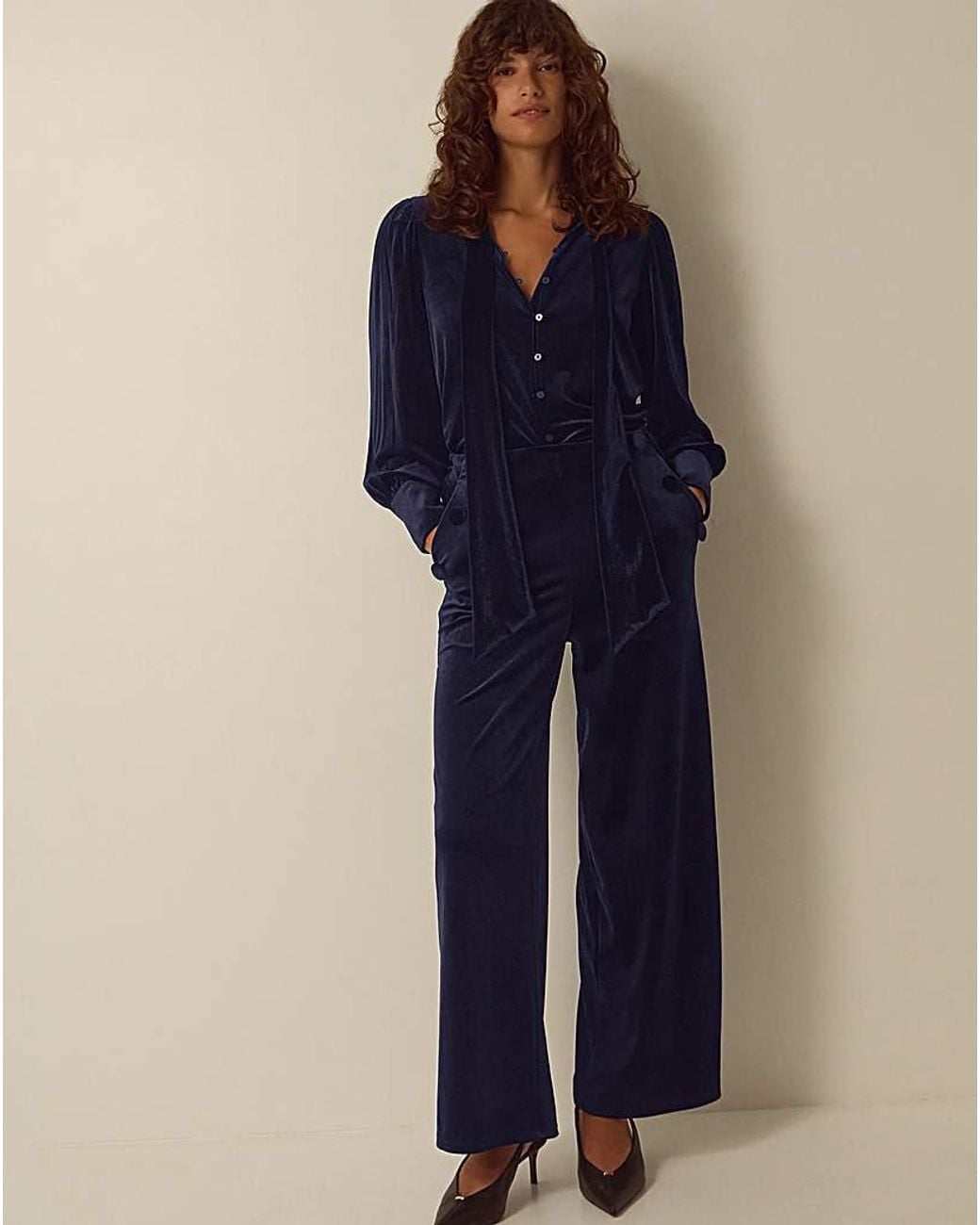 Monsoon Blue Verna Velvet Wide Leg Trousers