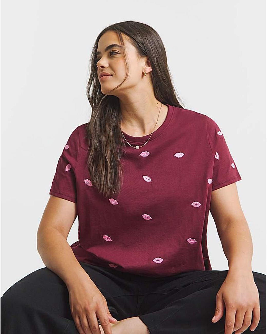 Simply Be Purple Lips Embroidered T-Shirt