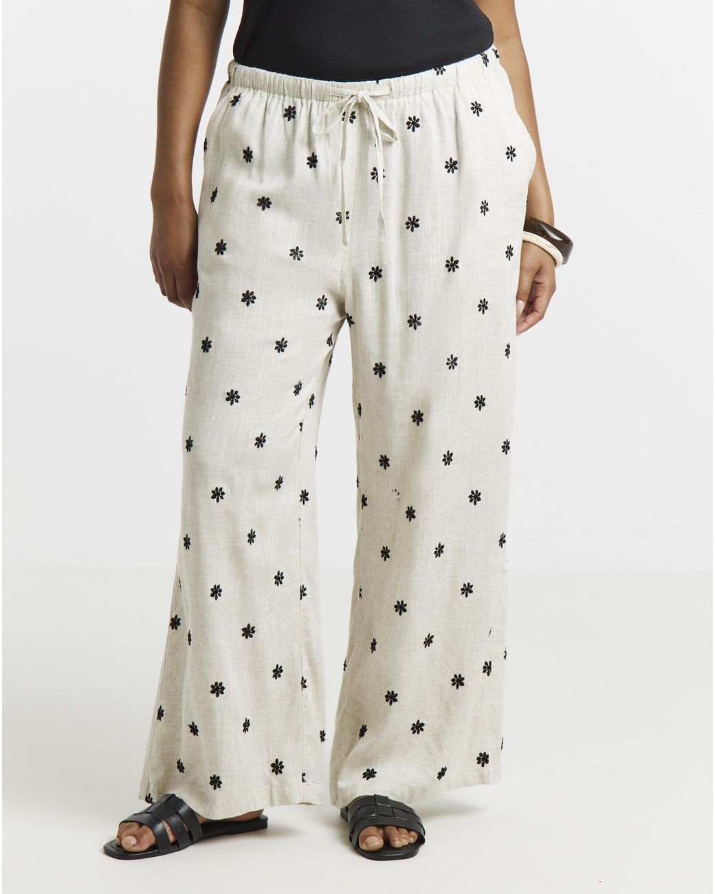 Simply Be White Daisy Embroidered Wide Trouser
