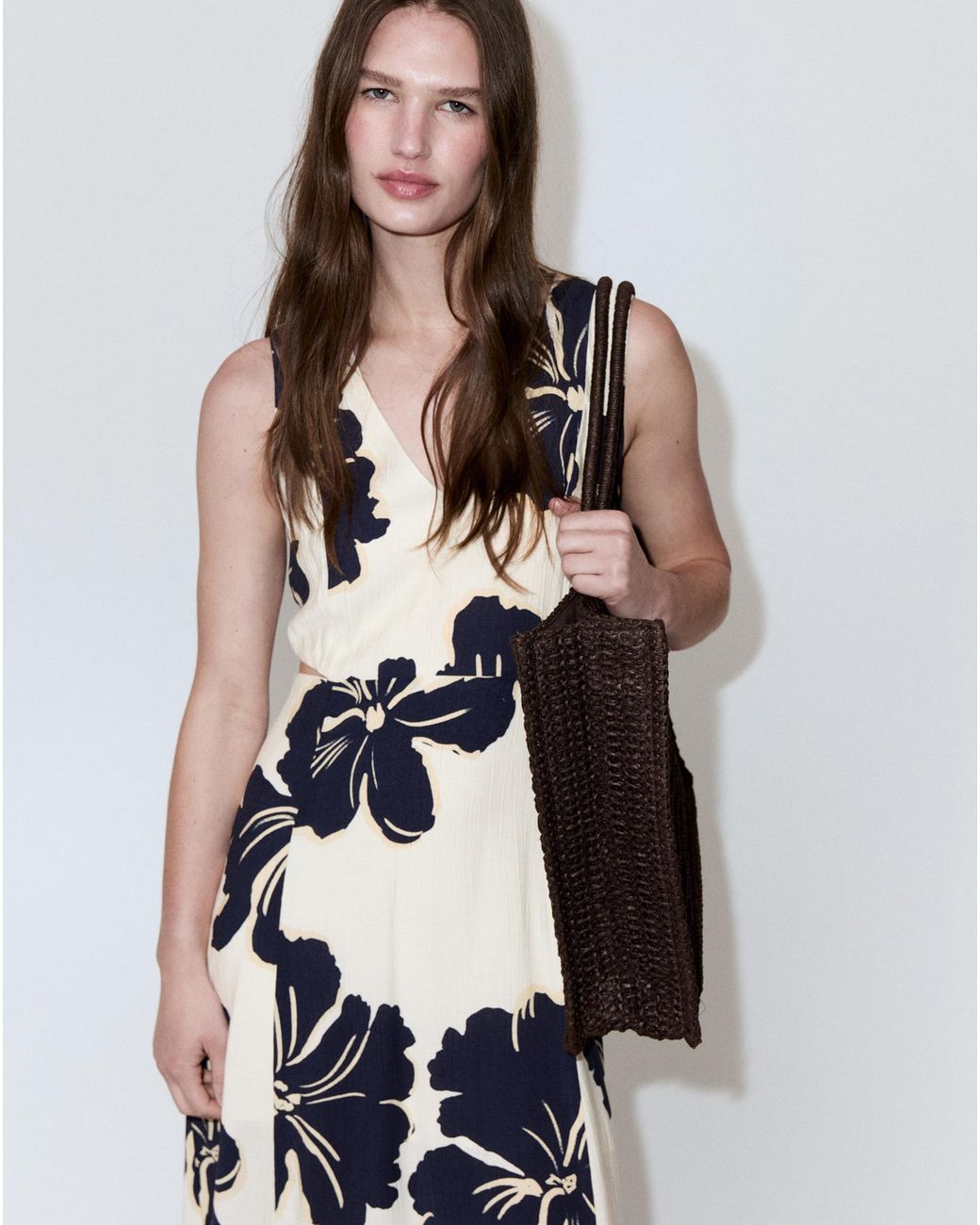 Mango White Floral Print Cut-Out Dress