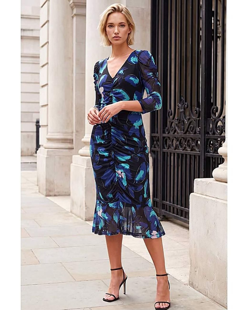 Roman Blue Roman Ruched Floral Frill Dress