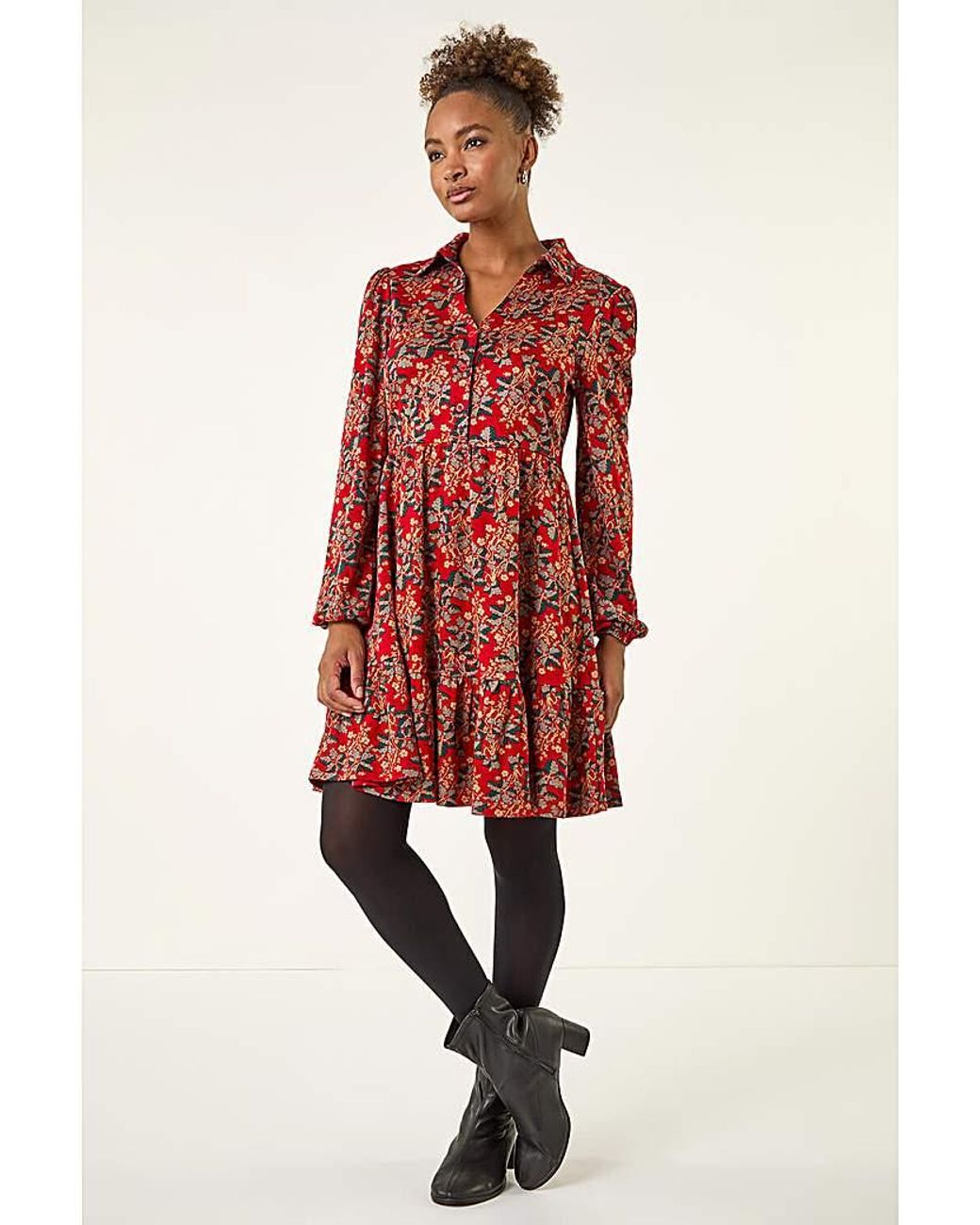 Roman Red Roman Floral Print Button Stretch Dress