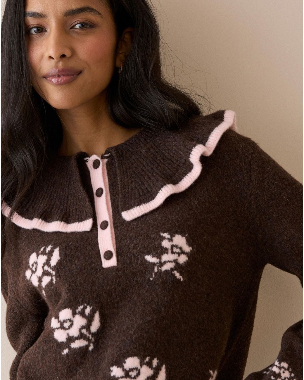 Nobody's Child Brown Floral Henley Jumper