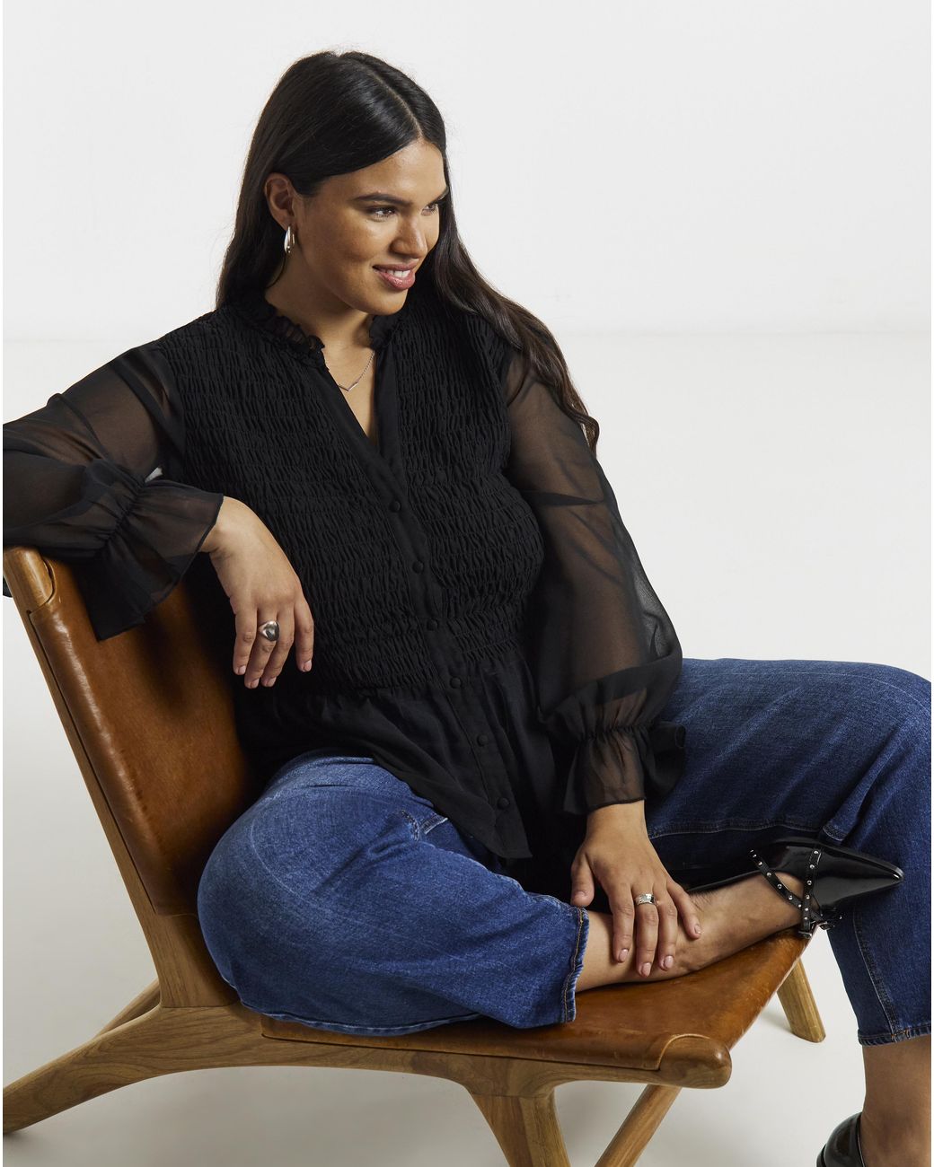 Simply Be Black Shirred Georgette V-Neck Blouse