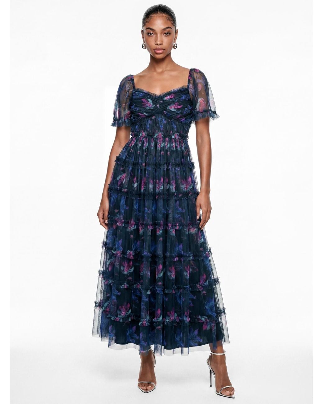 Anaya with love Blue Anaya Floral Print Tulle Midaxi Dress
