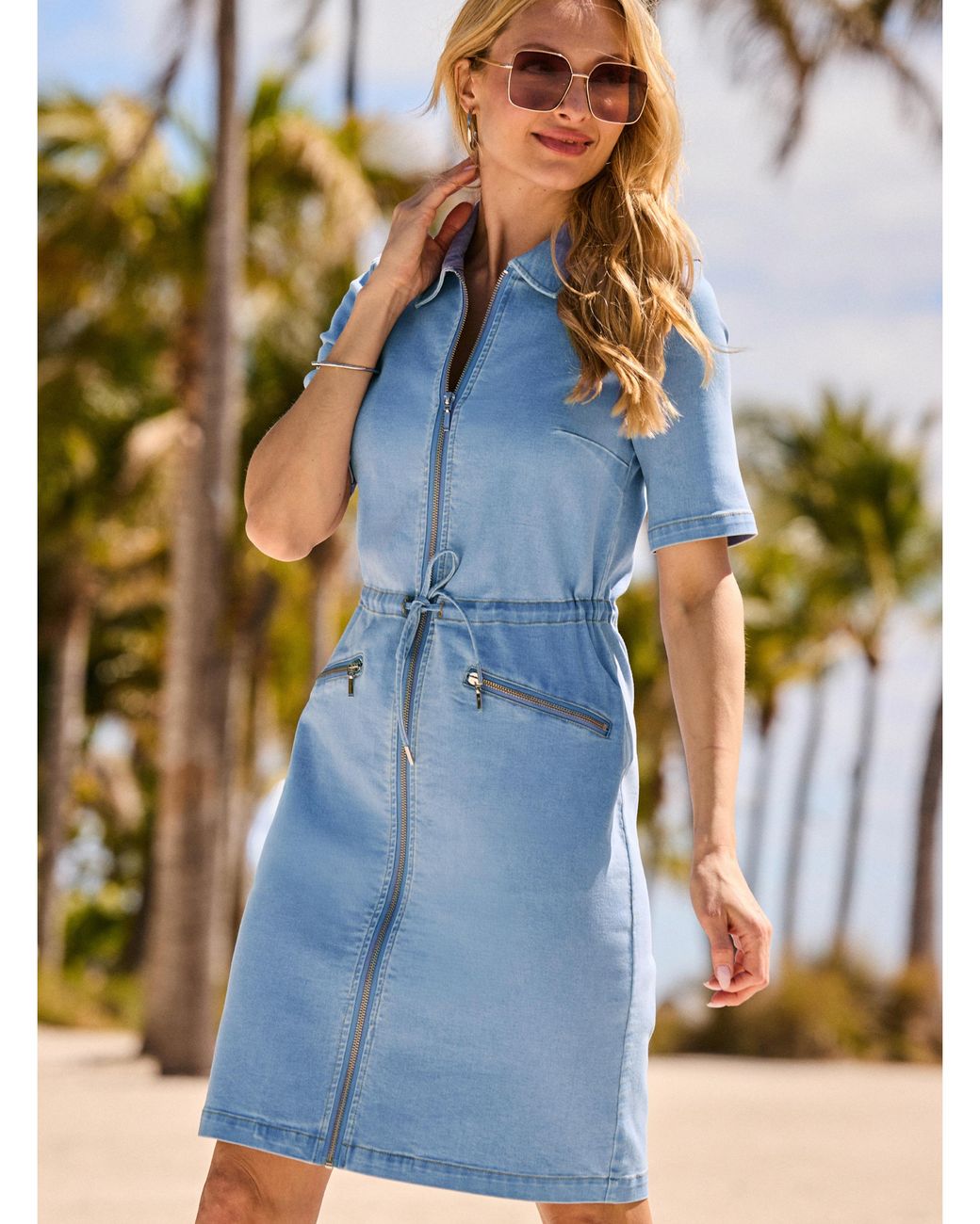 Sosandar Blue Zip Front A Line Denim Dress