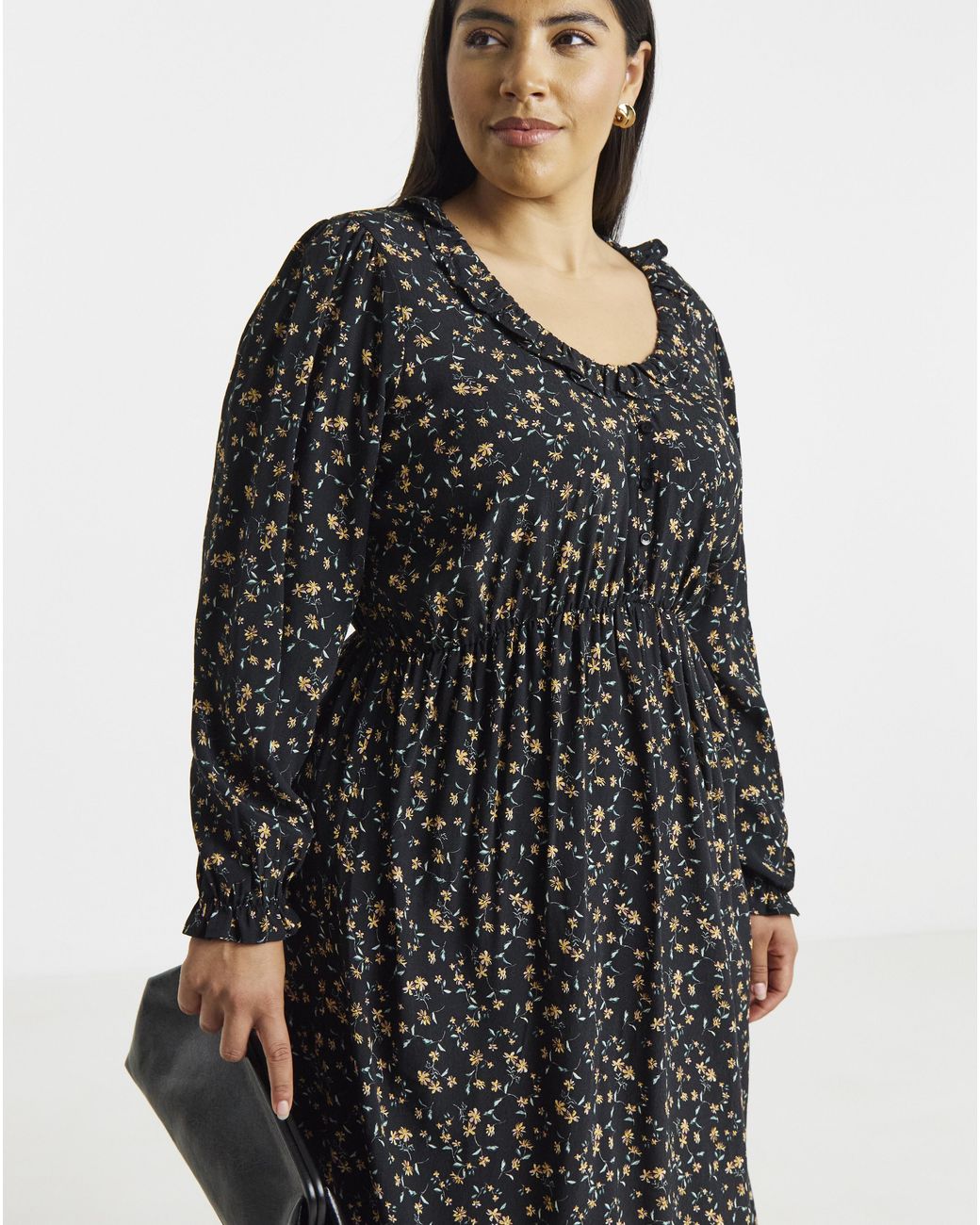Simply Be Black Frill Neck Detail Midi Dress