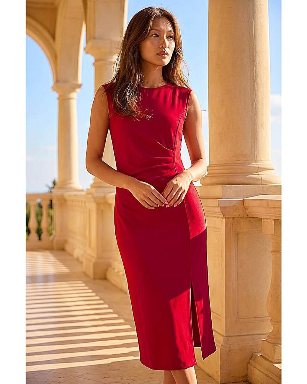 Roman Red Roman Side Pleat Midi Dress