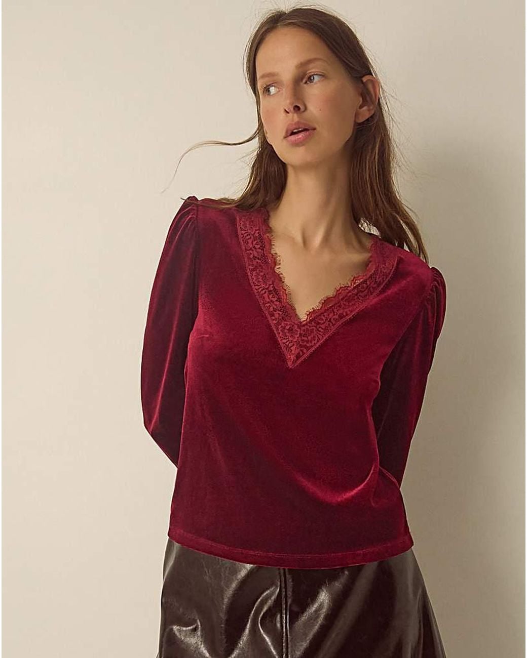 Monsoon Red Lexi Lace Trim Velvet Top
