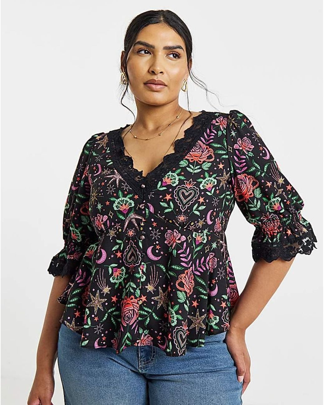Simply Be Black Floral Lace Trim Tea Blouse