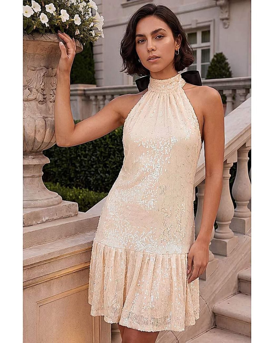 Roman Brown Roman Sequin Bow Back Dress
