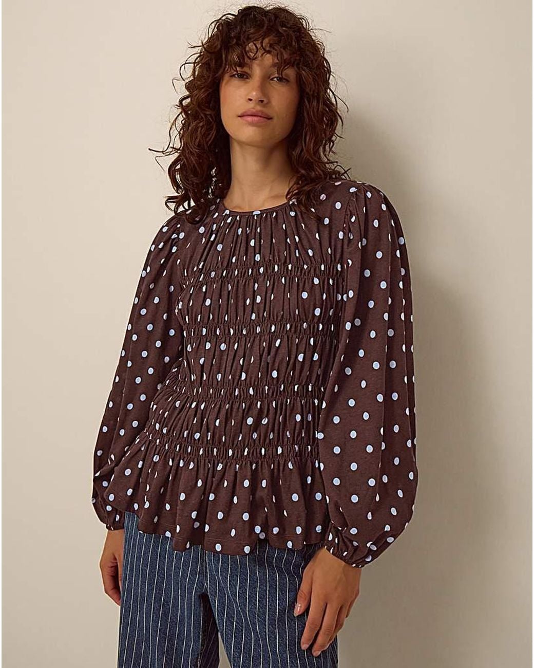 Monsoon Brown Shae Smocked Polka Dot Top